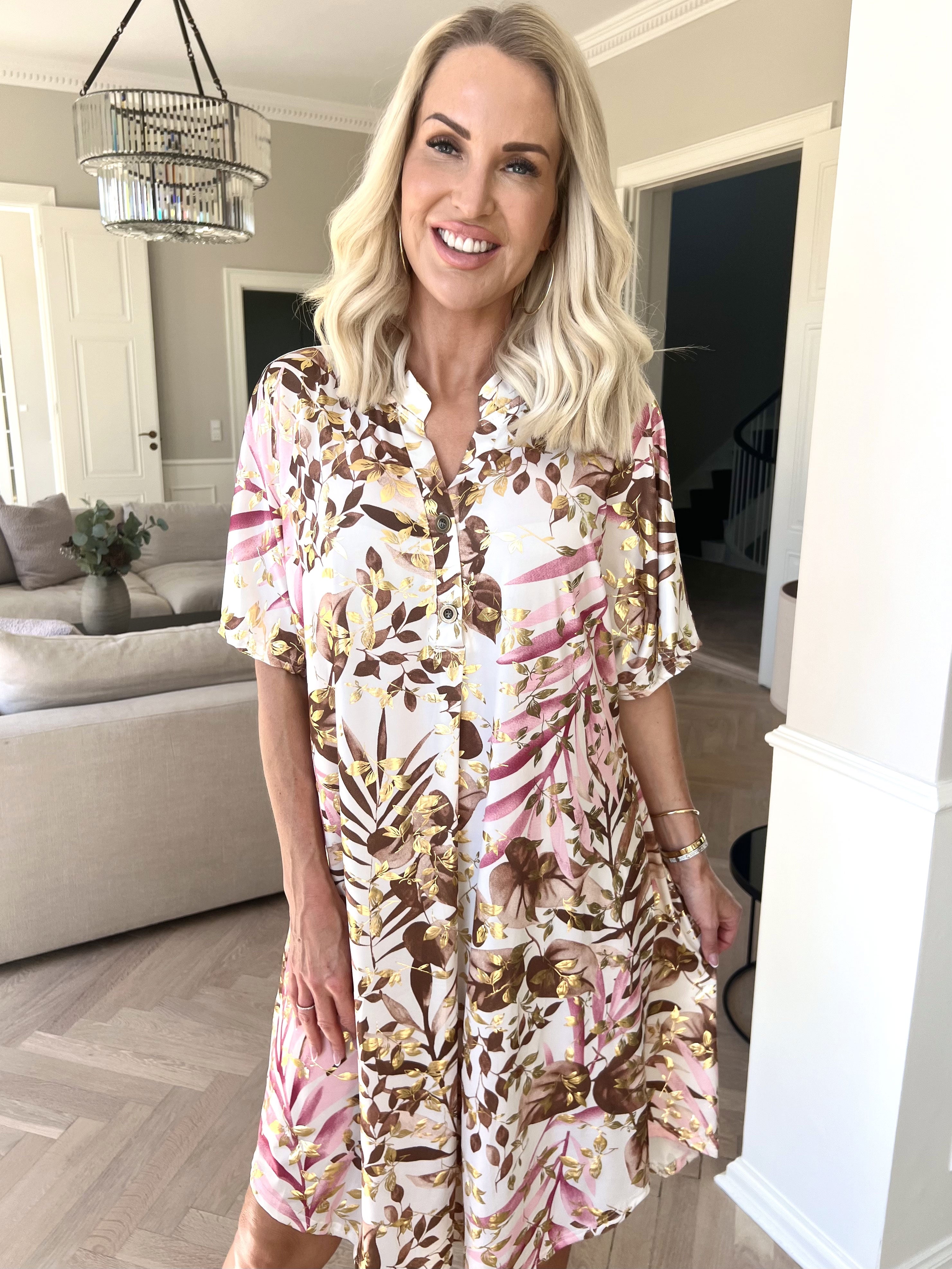 Ebba Gold Leaf Sleeveless - Skjortekjole i elastisk stof med bladprint